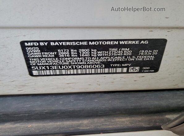 5UX13EU0XT9086063 2026 BMW X5 White Вид наклейки з VIN-кодом