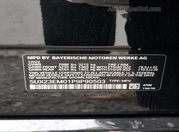 5UX23EM01P9P90503 2023 BMW X7 Black VIN კოდის სტიკერის ხედი