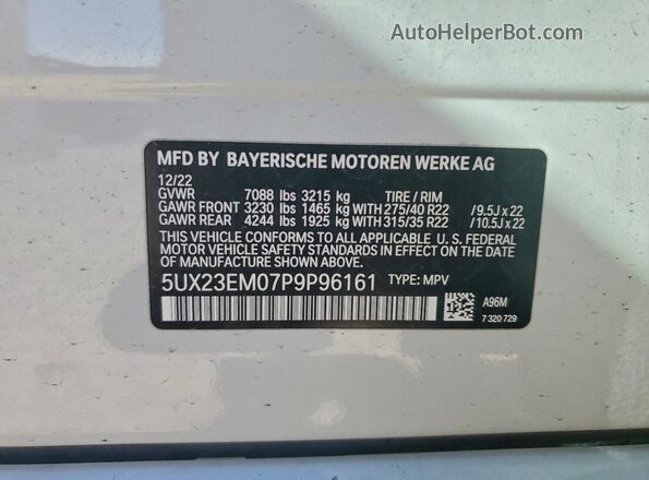 5UX23EM07P9P96161 2023 BMW X7 White VIN sticker view