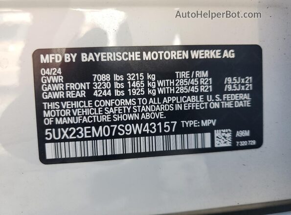 5UX23EM07S9W43157 2025 BMW X7 White Widok naklejki z numerem VIN