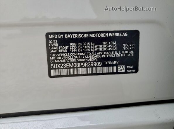 5UX23EM08P9R39909 2023 BMW X7 White Вид наклейки з VIN-кодом