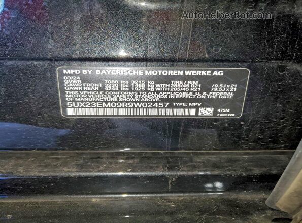 5UX23EM09R9W02457 2024 BMW X7 Черный Вид наклейки с VIN-кодом