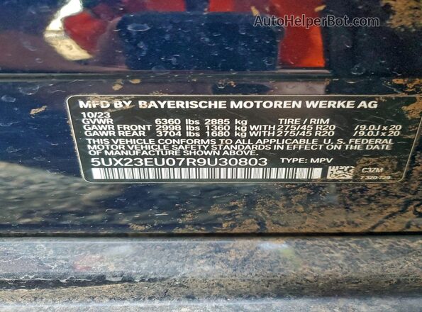 5UX23EU07R9U30803 2024 BMW X5 Blue VIN კოდის სტიკერის ხედი