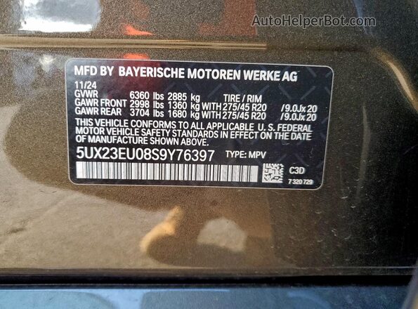 5UX23EU08S9Y76397 2025 BMW X5 Green VIN კოდის სტიკერის ხედი