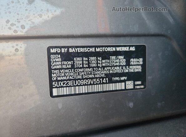5UX23EU09R9V55141 2024 BMW X5 Gray Widok wnętrza 360 stopni