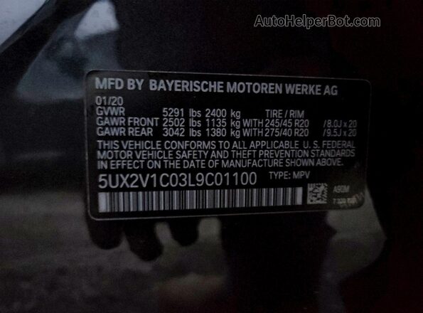 5UX2V1C03L9C01100 2020 BMW X4 Black Vista de la etiqueta del VIN