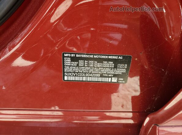 5UX2V1C03L9D42099 2020 BMW X4 Red Вид наклейки з VIN-кодом