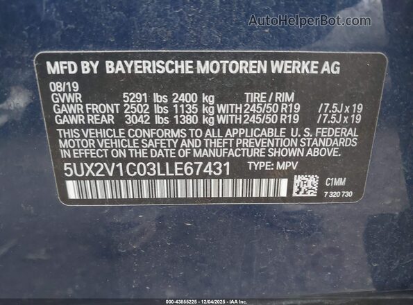 5UX2V1C03LLE67431 2020 BMW X4 Синий Вид подкапотного пространства
