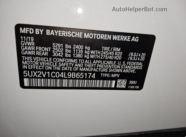 5UX2V1C04L9B65174 2020 BMW X4 Белый Вид наклейки с VIN-кодом