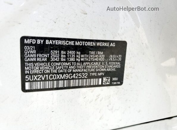 5UX2V1C0XM9G42532 2021 BMW X4 White Вид підкапотного простору