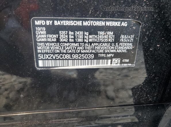 5UX2V5C08L9B25039 2020 BMW X4 Black VIN sticker view