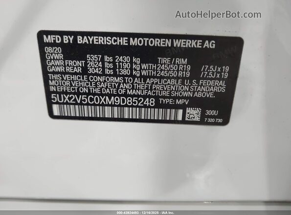 5UX2V5C0XM9D85248 2021 BMW X4 White Вид підкапотного простору