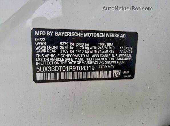 5UX33DT01P9T04319 2023 BMW X4 White VIN sticker view
