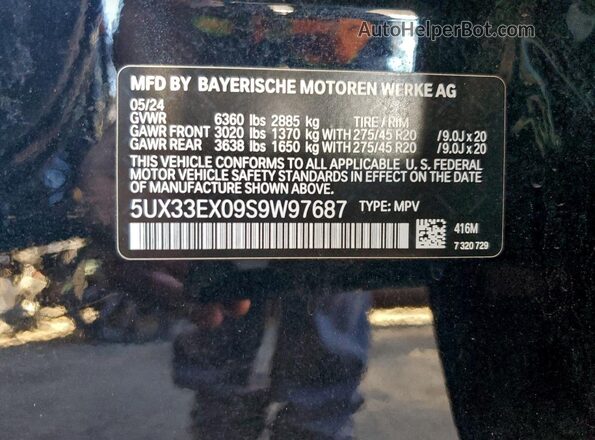 5UX33EX09S9W97687 2025 BMW X6 Black VIN կոդի պիտակի տեսք