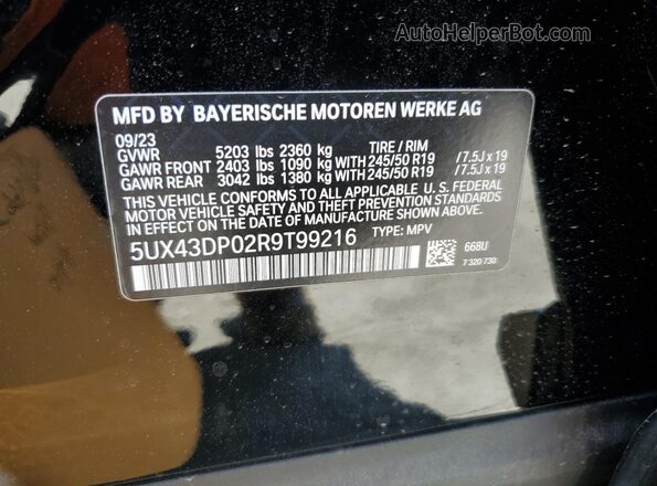 5UX43DP02R9T99216 2024 BMW X3 Black Vista de la etiqueta del VIN