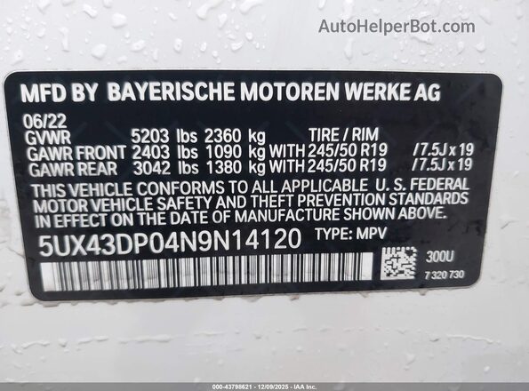 5UX43DP04N9N14120 2022 BMW X3 White Widok komory silnika