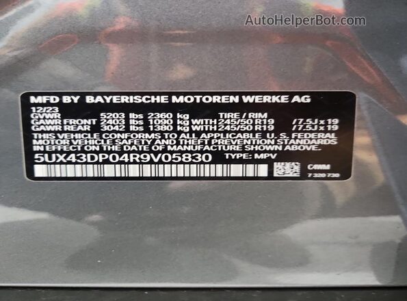 5UX43DP04R9V05830 2024 BMW X3 Gray Vista de la etiqueta del VIN
