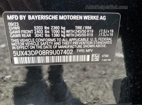 5UX43DP08R9U07402 2024 BMW X3 Черный Вид наклейки с VIN-кодом