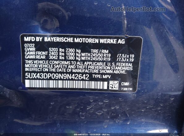 5UX43DP09N9N42642 2022 BMW X3 Синий Вид подкапотного пространства