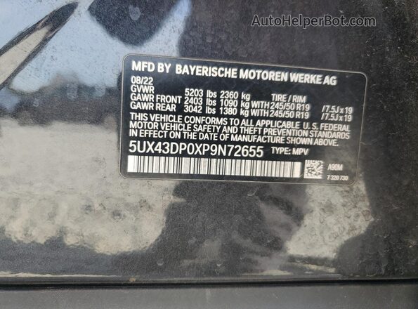 5UX43DP0XP9N72655 2023 BMW X3 Charcoal Вид наклейки з VIN-кодом