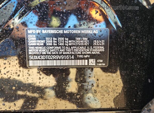 5UX43DT02R9V91614 2024 BMW X4 Black VIN კოდის სტიკერის ხედი