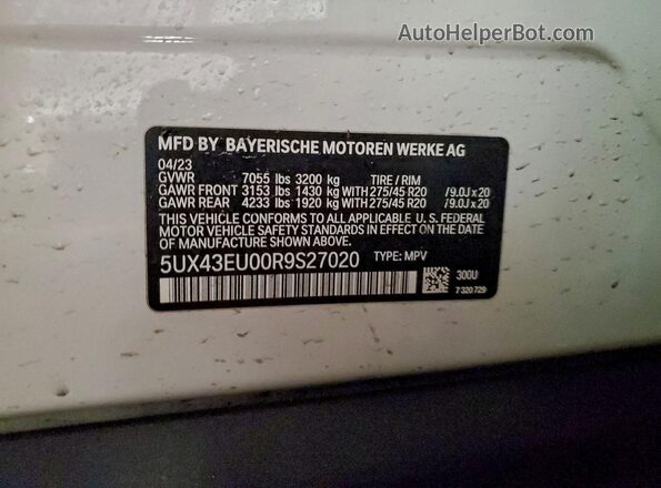 5UX43EU00R9S27020 2024 BMW X5 White VIN კოდის სტიკერის ხედი