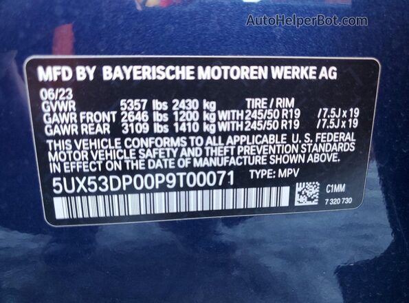 5UX53DP00P9T00071 2023 BMW X3 Blue VIN sticker view