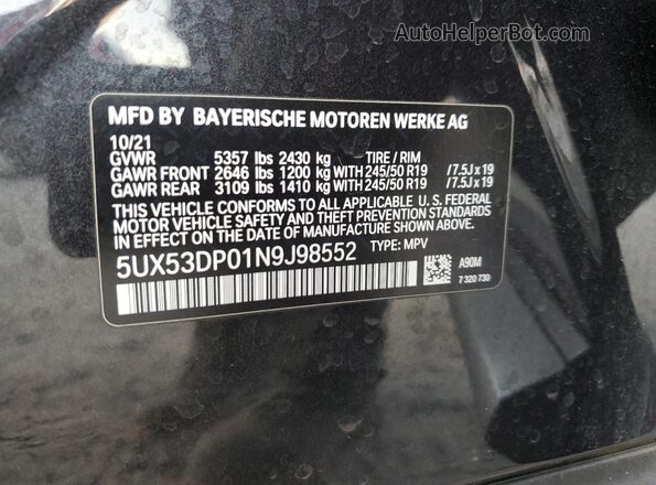 5UX53DP01N9J98552 2022 BMW X3 Черный Вид наклейки с VIN-кодом