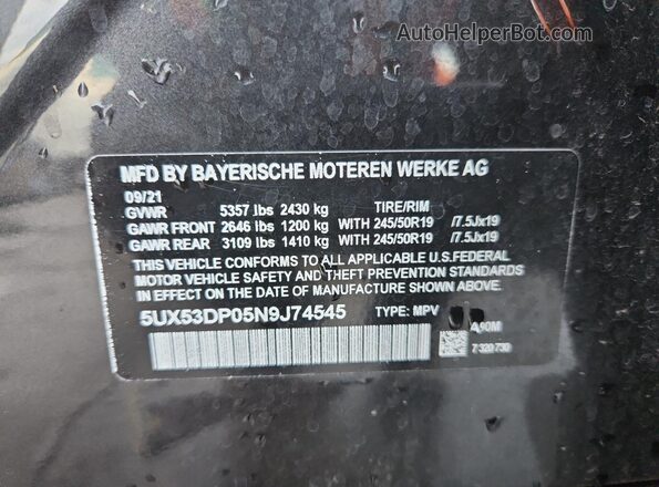5UX53DP05N9J74545 2022 BMW X3 Угольный Вид наклейки с VIN-кодом