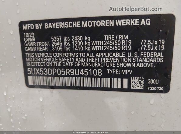 5UX53DP05R9U45108 2024 BMW X3 White 