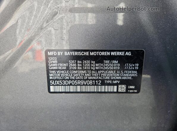 5UX53DP05R9V08112 2024 BMW X3 Gray VIN sticker view