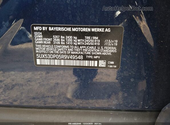 5UX53DP05R9V49548 2024 BMW X3 Blue ძრავის განყოფილების ხედი