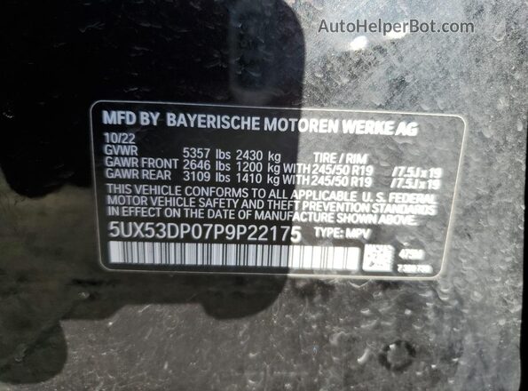 5UX53DP07P9P22175 2023 BMW X3 Black Vista de la etiqueta del VIN
