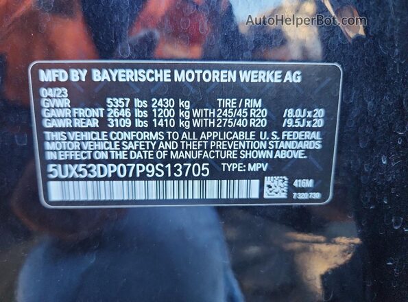 5UX53DP07P9S13705 2023 BMW X3 Black VIN კოდის სტიკერის ხედი