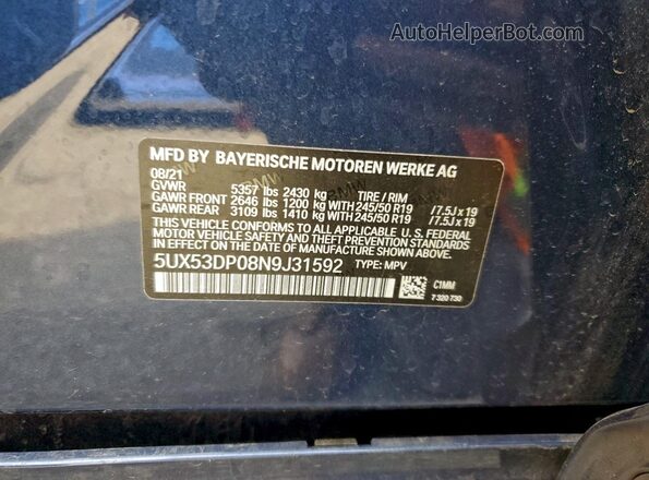 5UX53DP08N9J31592 2022 BMW X3 Blue Vista de la etiqueta del VIN