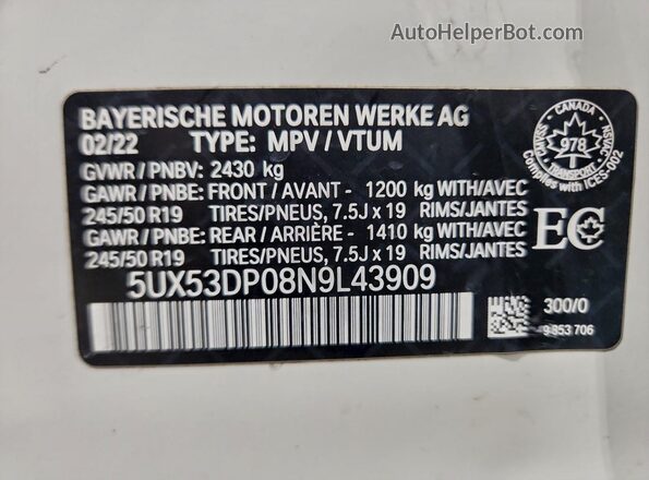 5UX53DP08N9L43909 2022 BMW X3 Белый Вид наклейки с VIN-кодом