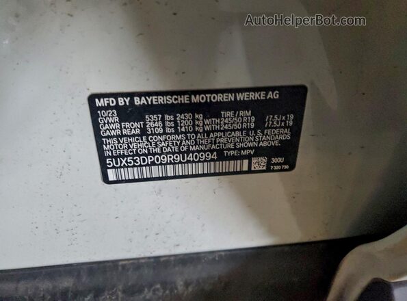 5UX53DP09R9U40994 2024 BMW X3 Белый Вид наклейки с VIN-кодом