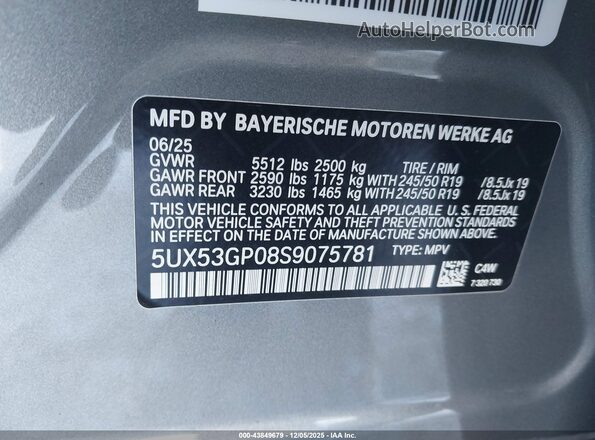 5UX53GP08S9075781 2025 BMW X3 Gray Widok komory silnika