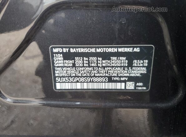 5UX53GP08S9Y88893 2025 BMW X3 Charcoal VIN sticker view
