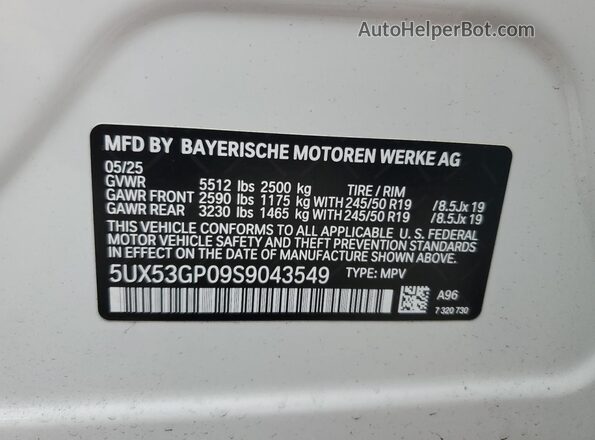 5UX53GP09S9043549 2025 BMW X3 White VIN կոդի պիտակի տեսք