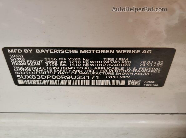 5UX83DP00R9U33171 2024 BMW X3 White სალონის 360-გრადუსიანი ხედი