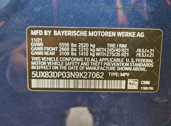 5UX83DP03N9K27062 2022 BMW X3 Blue Widok naklejki z numerem VIN