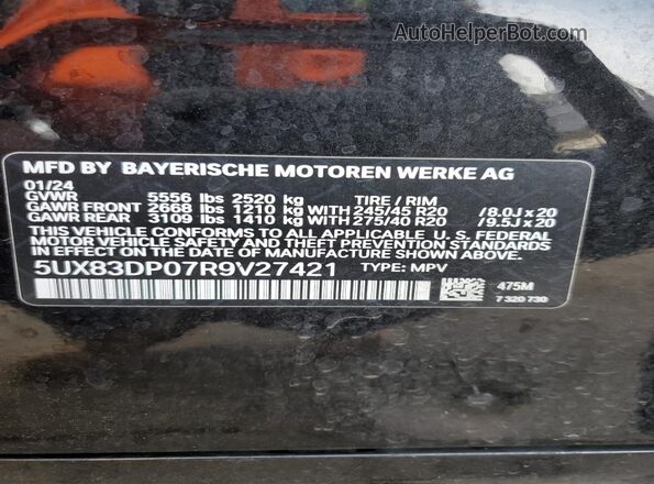 5UX83DP07R9V27421 2024 BMW X3 Black Вид наклейки з VIN-кодом