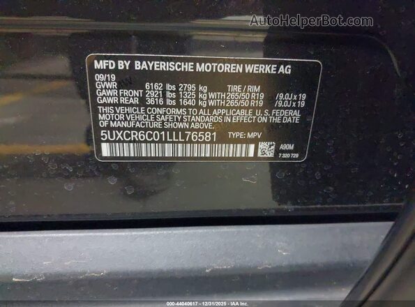 5UXCR6C01LLL76581 2020 BMW X5 Black Вид підкапотного простору