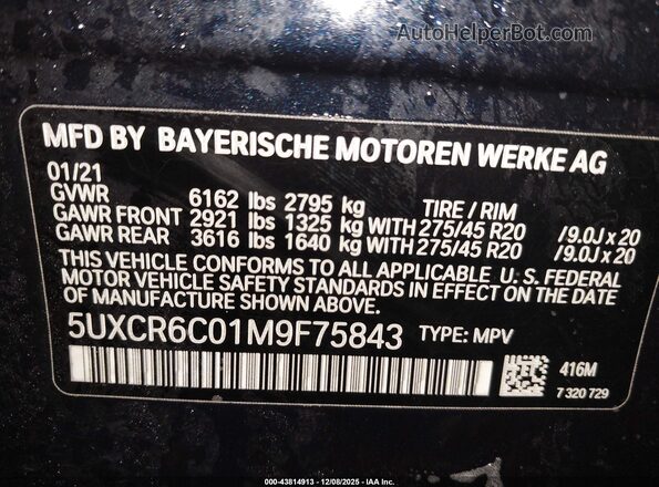 5UXCR6C01M9F75843 2021 BMW X5 Dark Blue 