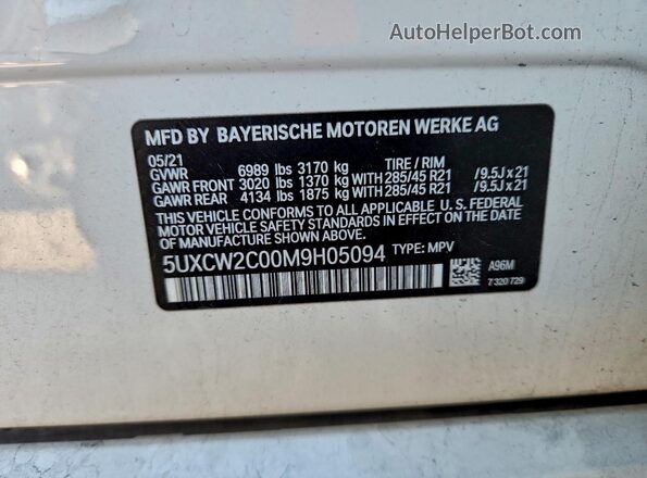 5UXCW2C00M9H05094 2021 BMW X7 White VIN კოდის სტიკერის ხედი