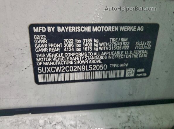 5UXCW2C02N9L52050 2022 BMW X7 White VIN կոդի պիտակի տեսք