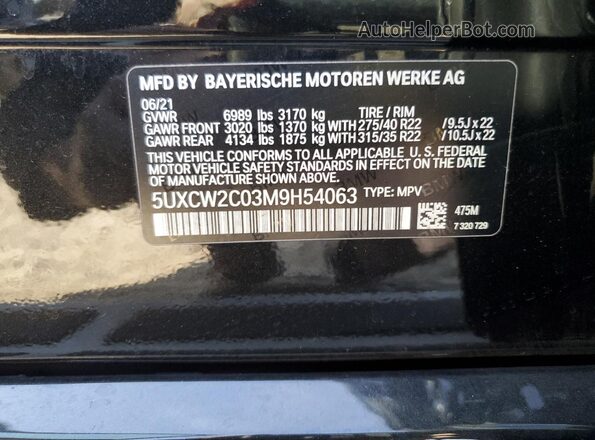 5UXCW2C03M9H54063 2021 BMW X7 Black VIN կոդի պիտակի տեսք