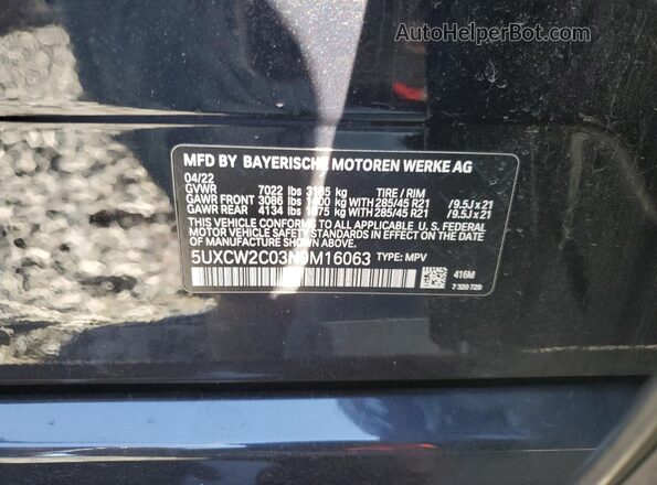 5UXCW2C03N9M16063 2022 BMW X7 Blue Вид наклейки з VIN-кодом
