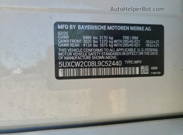 5UXCW2C08L9C52440 2020 BMW X7 White Vista de la etiqueta del VIN